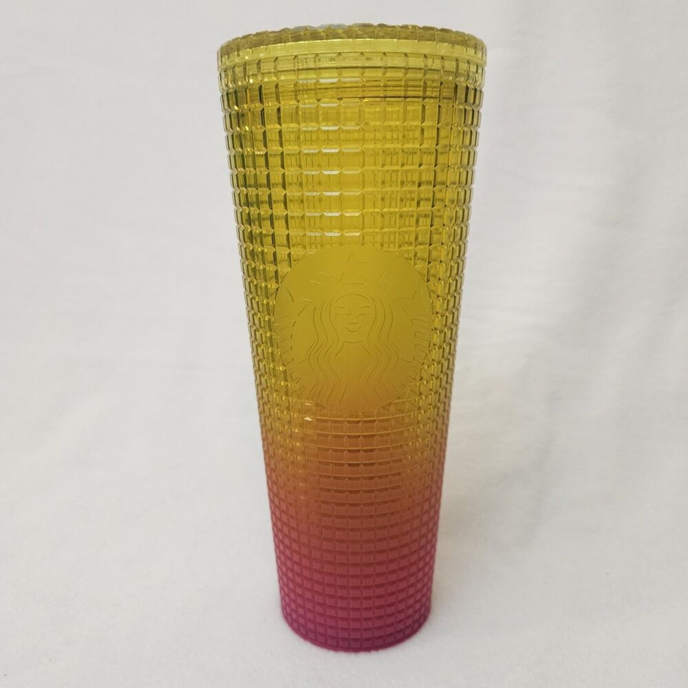 Starbucks Lemon Yellow Pink Gradient Ombré Grid Venti 24 oz Tumbler Summer 2022